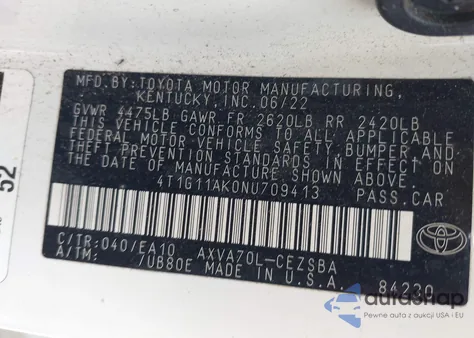 2022 Toyota Camry Se z USA, uszkodzony, nr VIN 4T1G11AK0NU709413